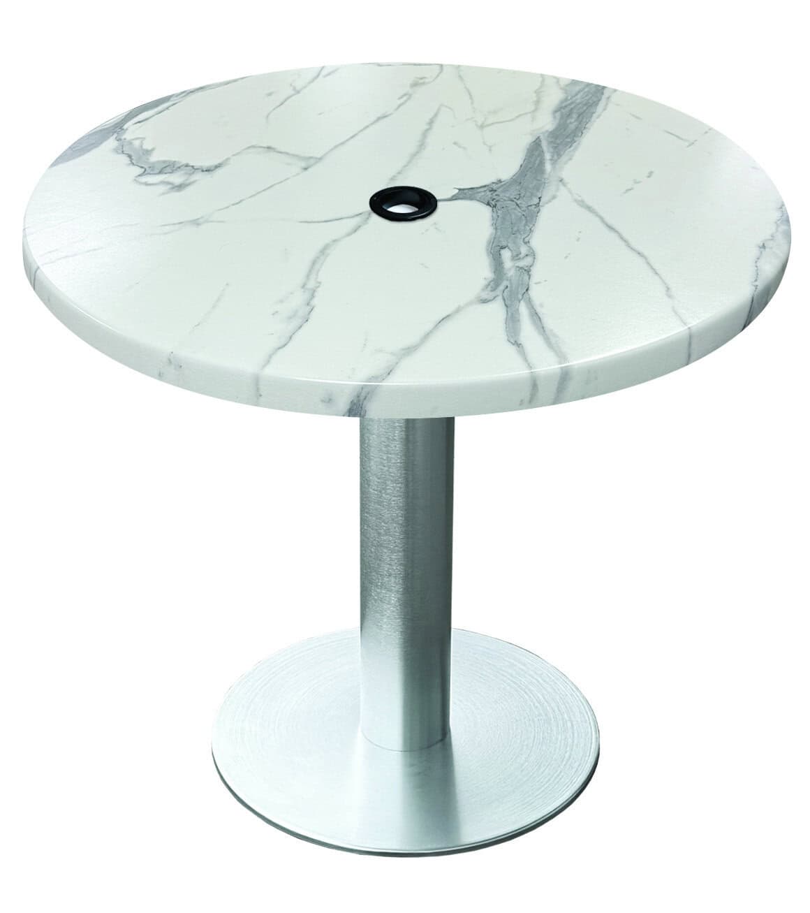 30-Inch Tall Indoor/Outdoor Table with 36-Inch Diameter White Marble Round Top with Umbrella Hole, Brushed Aluminum Base, and 18-Inch Diameter Foot 1 30-Inch Tall Indoor/Outdoor Table with 36-Inch Diameter White Marble Round Top with Umbrella Hole, Brushed Aluminum Base, and 18-Inch Diameter Foot