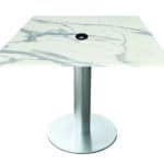 30-Inch Tall Indoor/Outdoor Table with 32 x 32-Inch Diameter White Marble Square Top with Umbrella Hole, Brushed Aluminum Base, and 18-Inch Diameter Foot