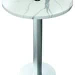 42-Inch Tall Indoor/Outdoor Table with 30-Inch Diameter White Marble Round Top with Umbrella Hole, Brushed Aluminum Base, and 18-Inch Diameter Foot