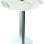 36-Inch Tall Indoor/Outdoor Table with 36-Inch Diameter White Marble Round Top with Umbrella Hole, Brushed Aluminum Base, and 18-Inch Diameter Foot