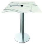 36-Inch Tall Indoor/Outdoor Table with 32 x 32-Inch Diameter White Marble Square Top with Umbrella Hole, Brushed Aluminum Base, and 18-Inch Diameter Foot