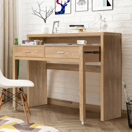 Natural Extendable Computer Desk with Storage Drawers and Shelf 6 Natural Extendable Computer Desk with Storage Drawers and Shelf - Image 6