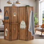 Rustic Pegboard Room Divider with Solid Wood Frame (4-Panel)