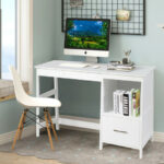 Modern White Computer Desk with Drawers and Shelf