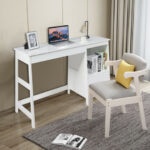 Modern White Computer Desk with Drawers and Shelf