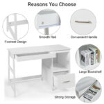 Modern White Computer Desk with Drawers and Shelf
