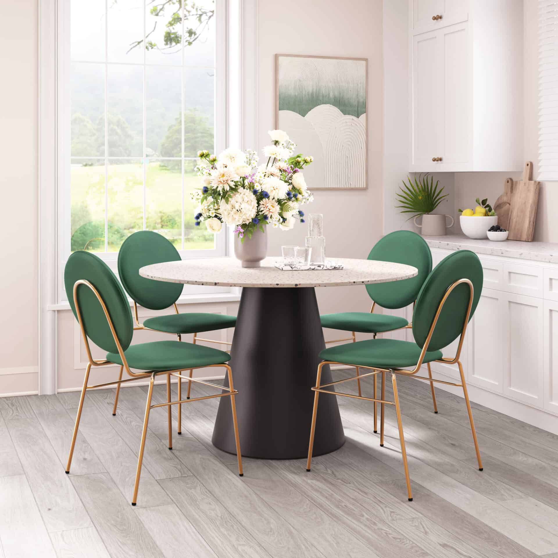 Green Velvet Counter Stool with Gold Legs and Footrest (Set of 2) 1 Green Velvet Counter Stool with Gold Legs and Footrest (Set of 2)