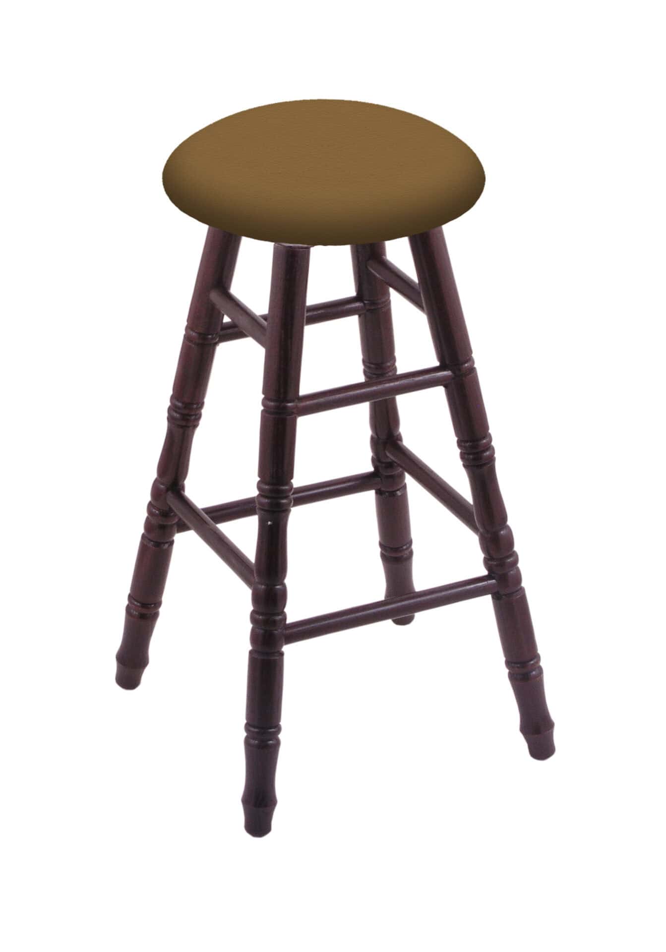 Round Cushion 24-Inch Backless Swivel Counter Stool with Dark Cherry Finish, Turned Oak Leg, and Canter Saddle Seat 1 Round Cushion 24-Inch Backless Swivel Counter Stool with Dark Cherry Finish, Turned Oak Leg, and Canter Saddle Seat