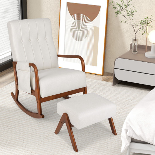 Rubber Wood Rocking Chair with Ottoman and Padded Cushion (Set of 2) 2 Rubber Wood Rocking Chair with Ottoman and Padded Cushion (Set of 2) - Image 2
