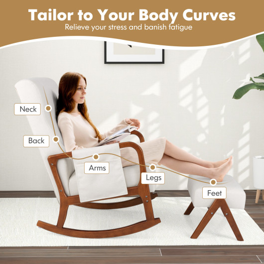 Rubber Wood Rocking Chair with Ottoman and Padded Cushion (Set of 2) 7 Rubber Wood Rocking Chair with Ottoman and Padded Cushion (Set of 2) - Image 7