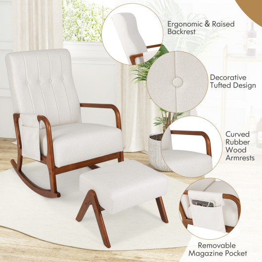 Rubber Wood Rocking Chair with Ottoman and Padded Cushion (Set of 2) 6 Rubber Wood Rocking Chair with Ottoman and Padded Cushion (Set of 2) - Image 6