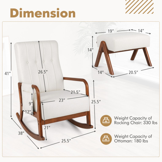 Rubber Wood Rocking Chair with Ottoman and Padded Cushion (Set of 2) 4 Rubber Wood Rocking Chair with Ottoman and Padded Cushion (Set of 2) - Image 4