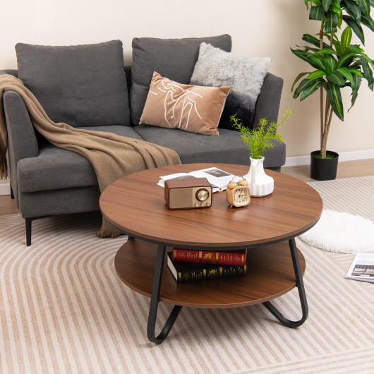 Round Coffee Table with Walnut Wood Grain Finish and Storage 2 Round Coffee Table with Walnut Wood Grain Finish and Storage - Image 2