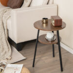 2 Tier Walnut End Tables with Shelf and Metal Frame (Set of 2)