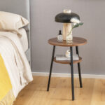 2 Tier Walnut End Tables with Shelf and Metal Frame (Set of 2)