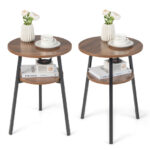 2 Tier Walnut End Tables with Shelf and Metal Frame (Set of 2)
