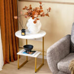 Compact 2 Tier White Faux Marble Side Table with Gold Frame