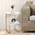 Compact 2 Tier White Faux Marble Side Table with Gold Frame