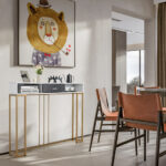 White Faux Marble Console Table with Gold Frame for Living Room