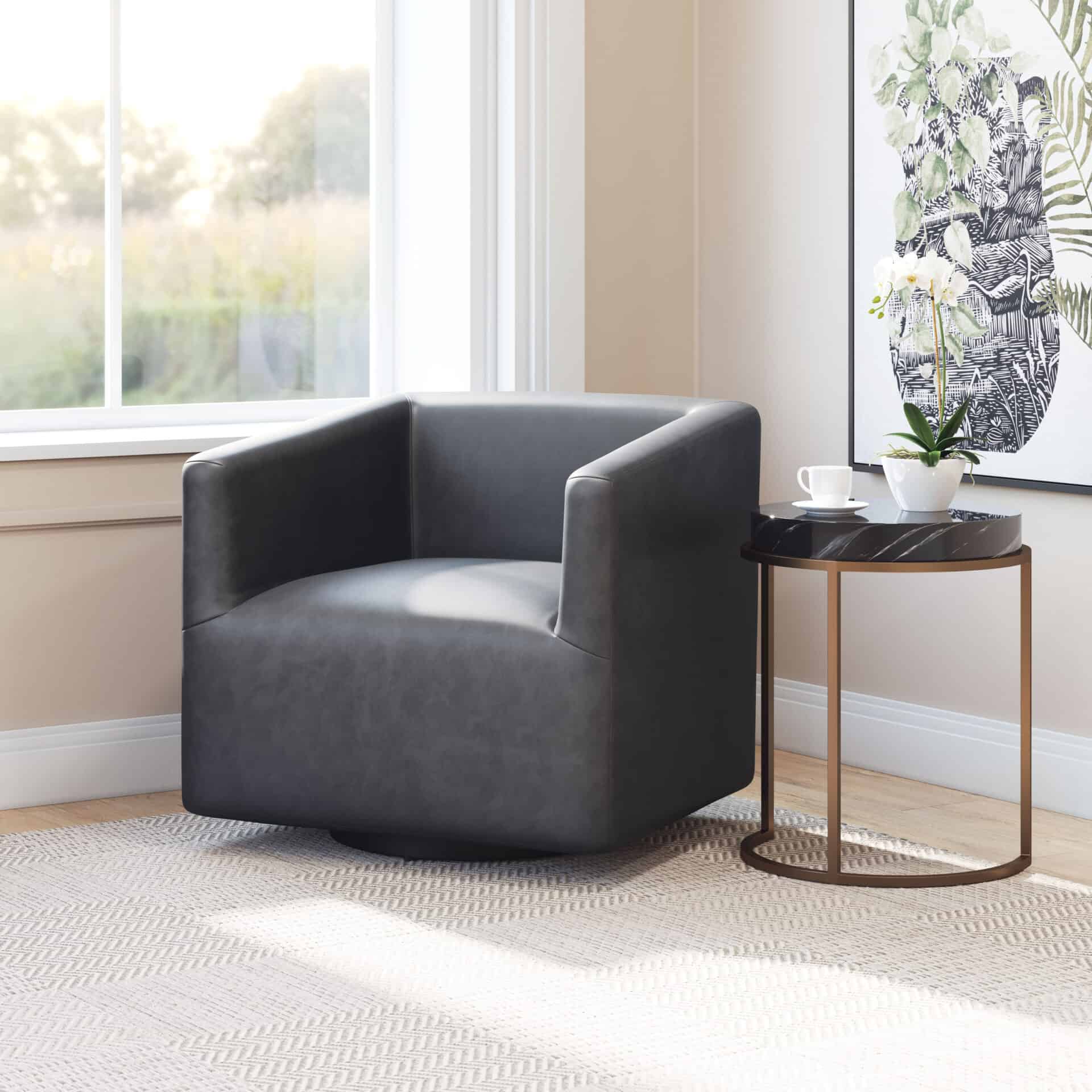Modern Gray Faux Leather Chair with Steel Legs and Armrests 1 Modern Gray Faux Leather Chair with Steel Legs and Armrests