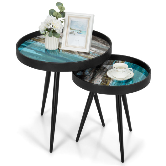 Nesting End Tables with Wooden Tray Top and Steel Legs (Set of 2) 4 Nesting End Tables with Wooden Tray Top and Steel Legs (Set of 2) - Image 4