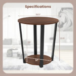 Industrial Round Side Table with Shelf and Metal Frame Walnut