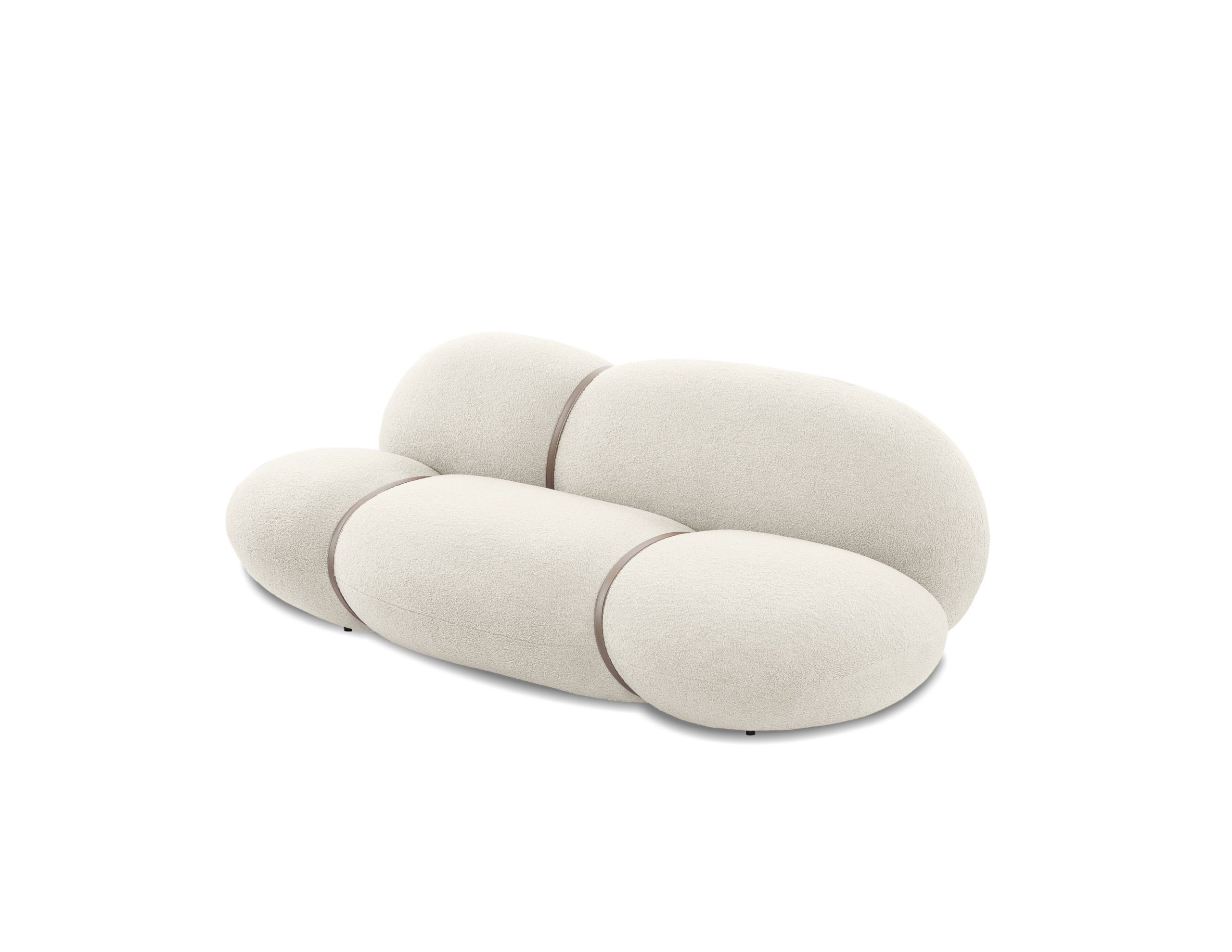 cumulus cream boucle fabric sofa with leather strap