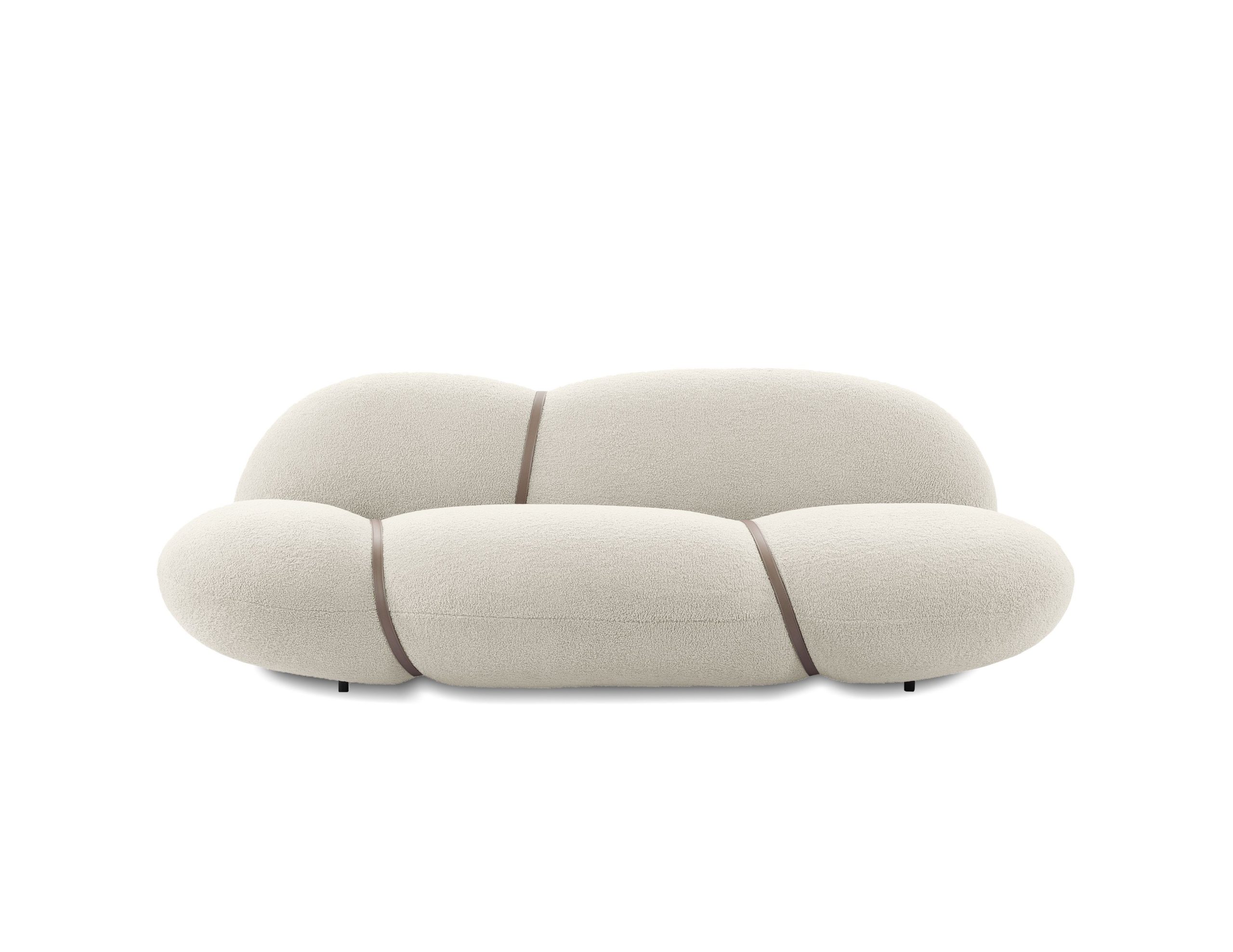 cumulus cream boucle fabric sofa with leather strap