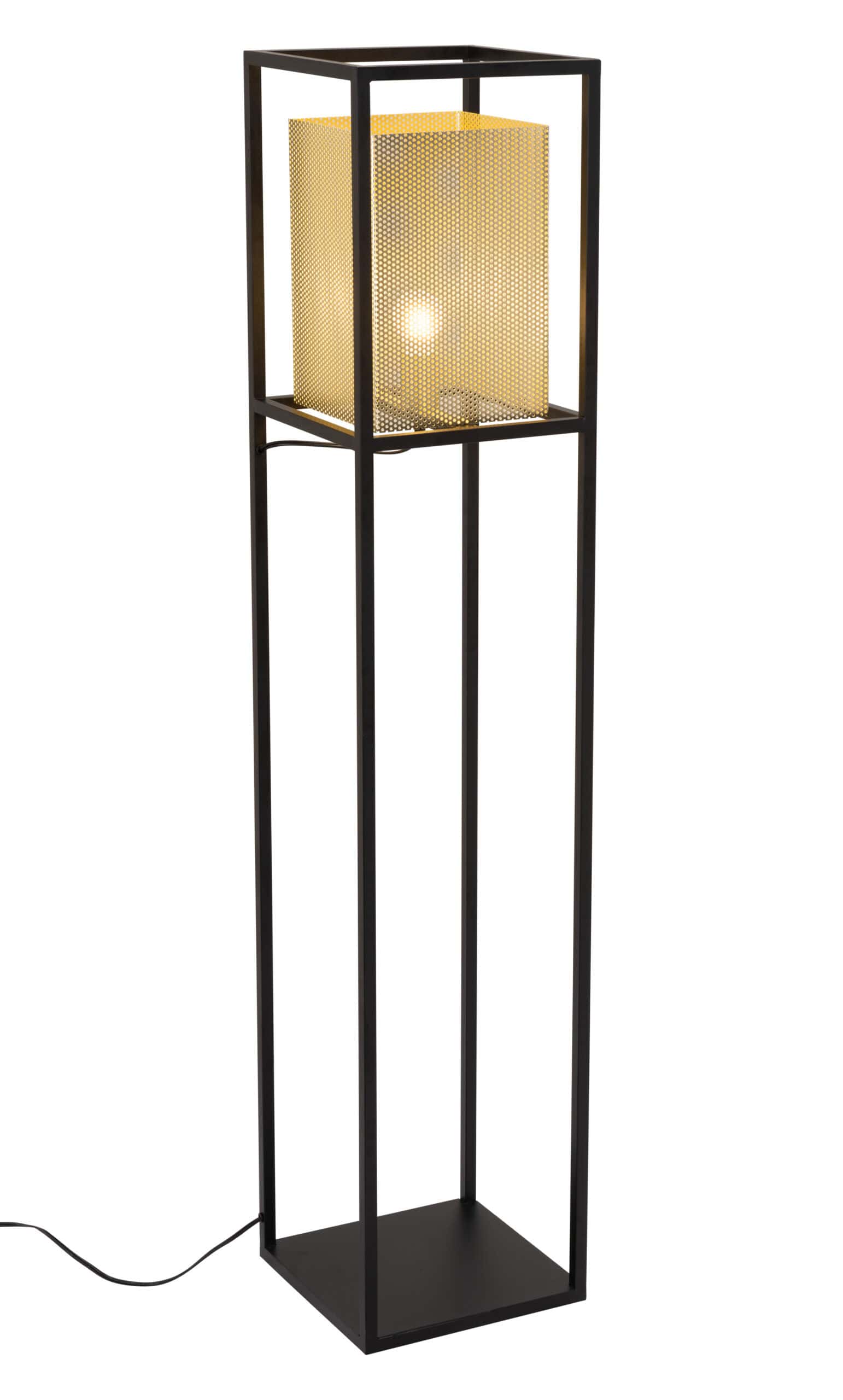 Gold and Black Floor Lamp with Steel Frame and Perforated Shade 13 Gold and Black Floor Lamp with Steel Frame and Perforated Shade