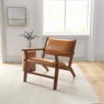 Tan Leather Mid-Century Modern Lounge Chair With Walnut Legs and Square Arms 8 Tan Leather Mid-Century Modern Lounge Chair With Walnut Legs and Square Arms