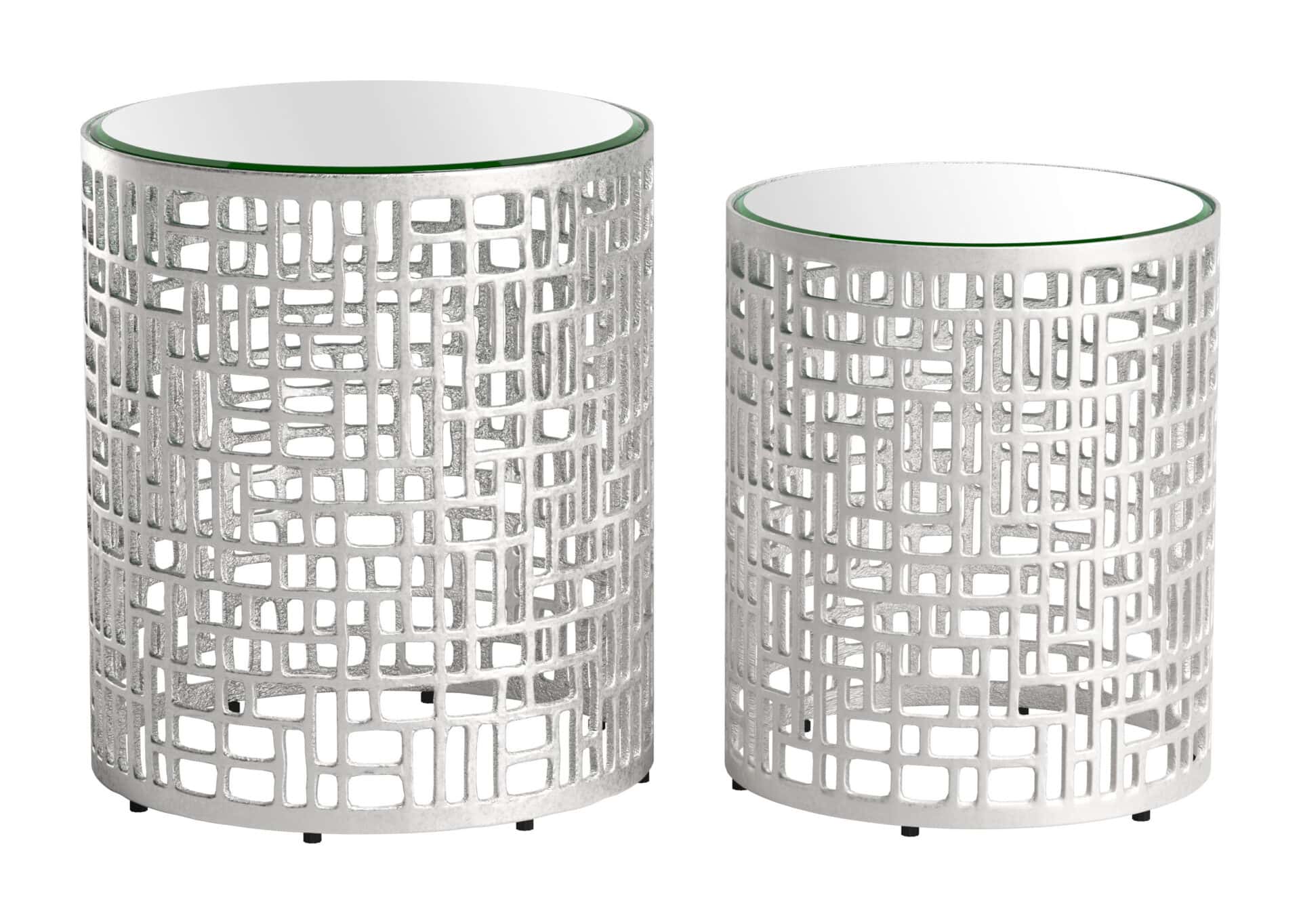 Silver Round Glass Top Side Tables with Aluminum Frames (Set of 2) 1 Silver Round Glass Top Side Tables with Aluminum Frames (Set of 2)