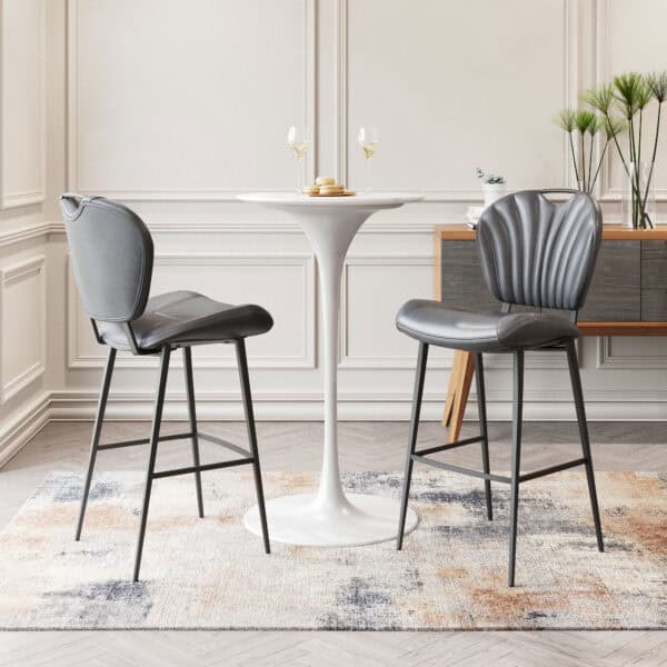 Vintage Gray Faux Leather Barstool with Tufted Seat and Steel Frame