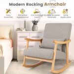 Ergonomic Upholstered Rocking Chair with Lumbar Pillow and Wood Frame