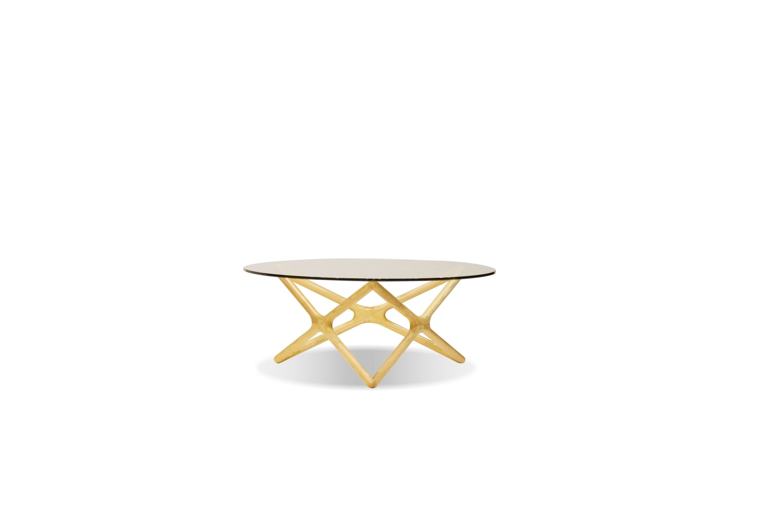 quasar round clear glass ash wood coffee table