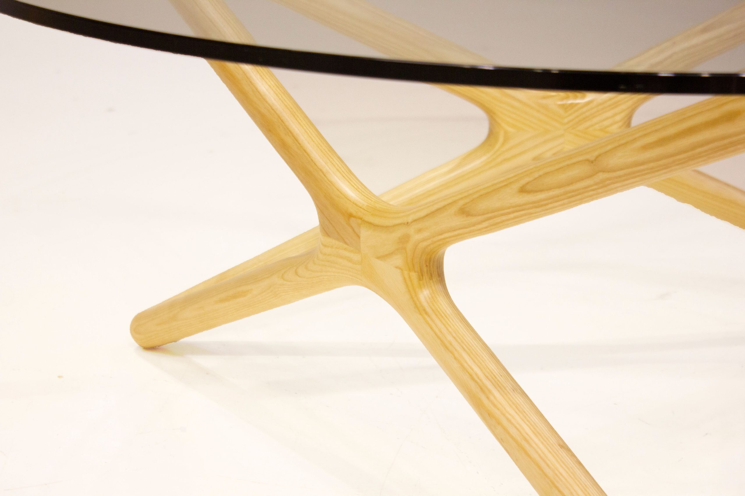 quasar round clear glass ash wood coffee table