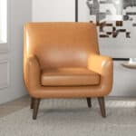 Tan Leather Mid-Century Modern Lounge Chair with Solid Wood Frame