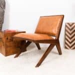 Tan Leather Mid-Century Modern Lounge Chair With Walnut Legs and Nailhead Trim