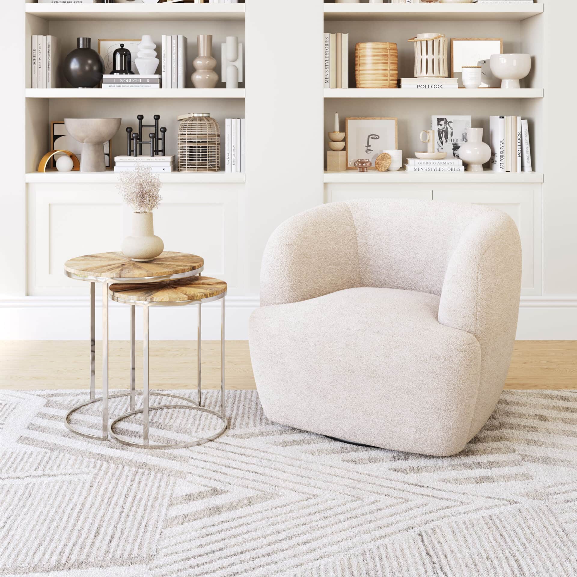 Ivory Shearling Style Swivel Chair with Armrest Support 1 Ivory Shearling Style Swivel Chair with Armrest Support