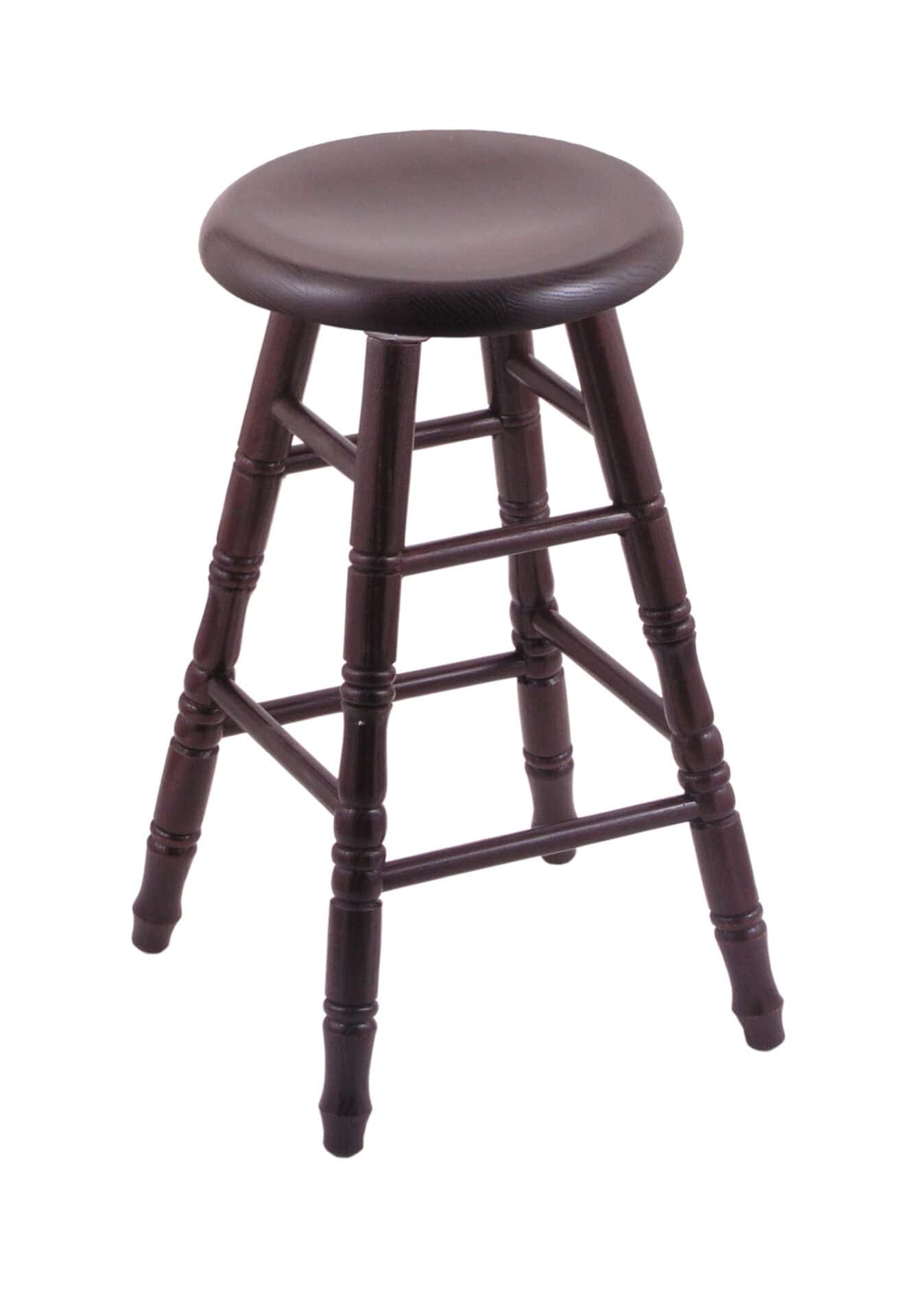 Oak 30-Inch Backless Bar Stool with Dark Cherry Finish, Turned Leg, and Saddle Dish Seat 1 Oak 30-Inch Backless Bar Stool with Dark Cherry Finish, Turned Leg, and Saddle Dish Seat