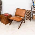 Tan Leather Mid-Century Modern Lounge Chair With Walnut Legs and Nailhead Trim