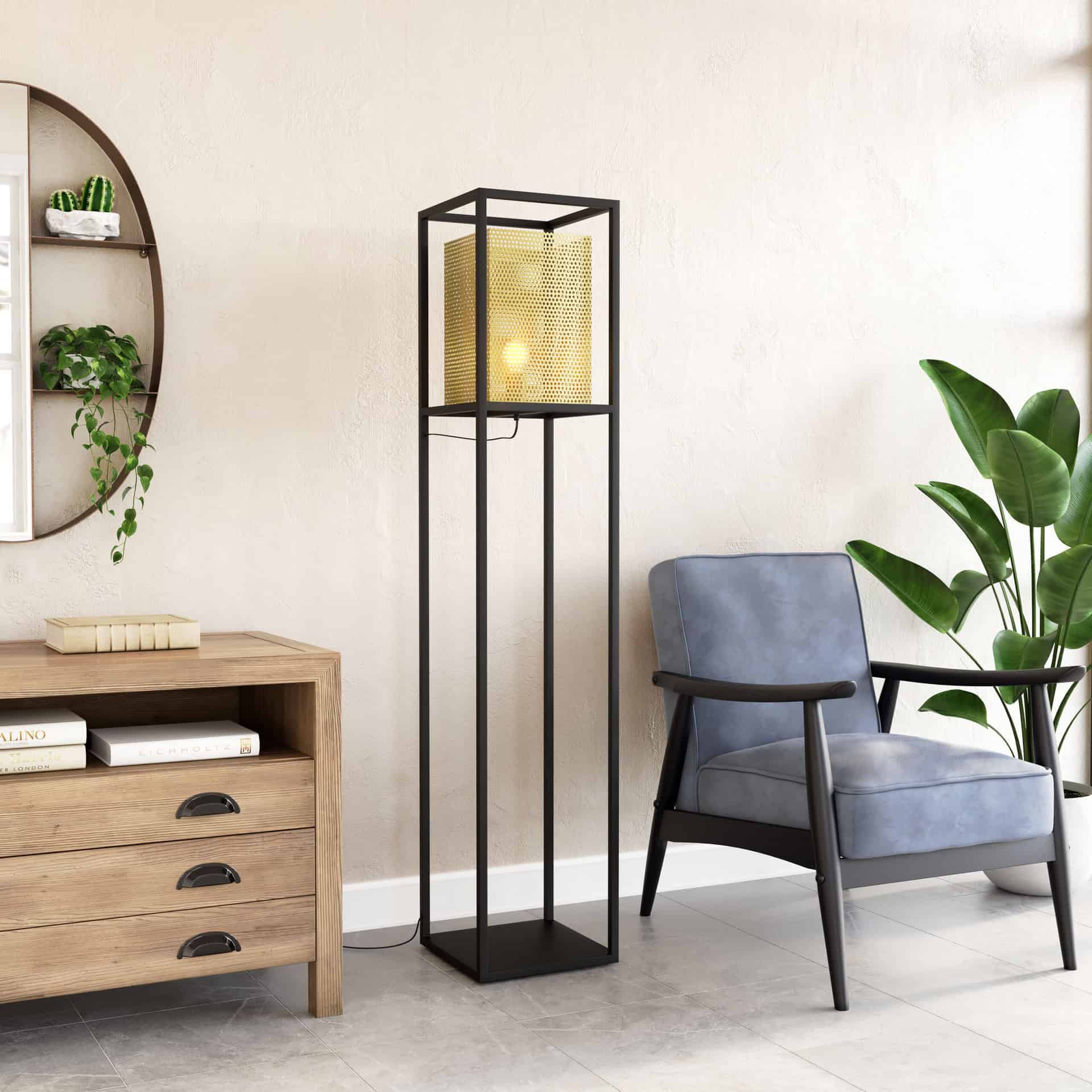 Gold and Black Floor Lamp with Steel Frame and Perforated Shade 8 Gold and Black Floor Lamp with Steel Frame and Perforated Shade