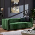Green Velvet Tufted Sofa with Walnut Wood Legs