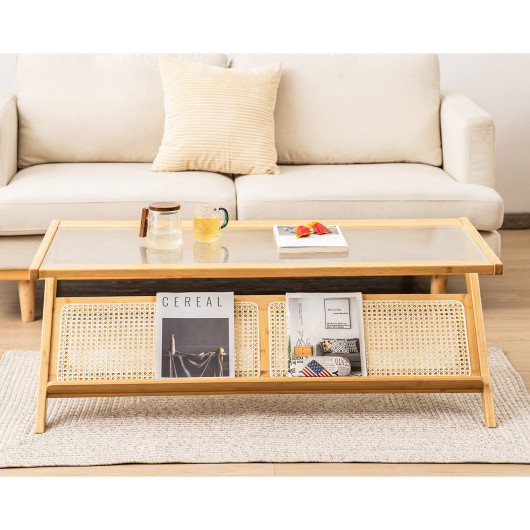 Z Shaped Bamboo Coffee Table with Tempered Glass Top 2 Z Shaped Bamboo Coffee Table with Tempered Glass Top - Image 2