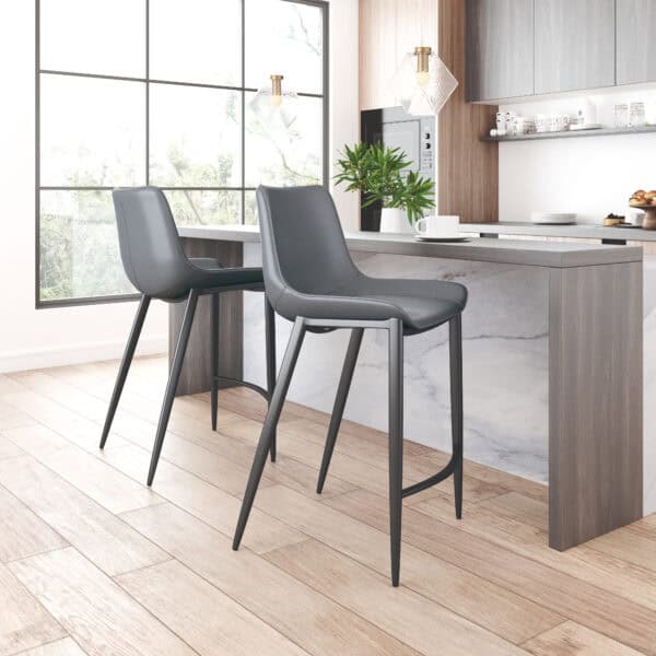 Dark Gray Faux Leather Barstools with Black Steel Legs (Set of 2)