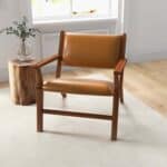 Tan Leather Mid-Century Modern Lounge Chair With Walnut Legs and Square Arms 10 Tan Leather Mid-Century Modern Lounge Chair With Walnut Legs and Square Arms
